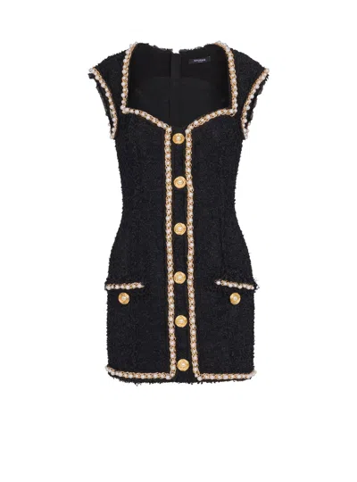 Balmain Tweed Dress With Pearl Trim In Black