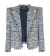Balmain Spencer Button-embellished Frayed Cotton-blend Tweed Blazer In Blue