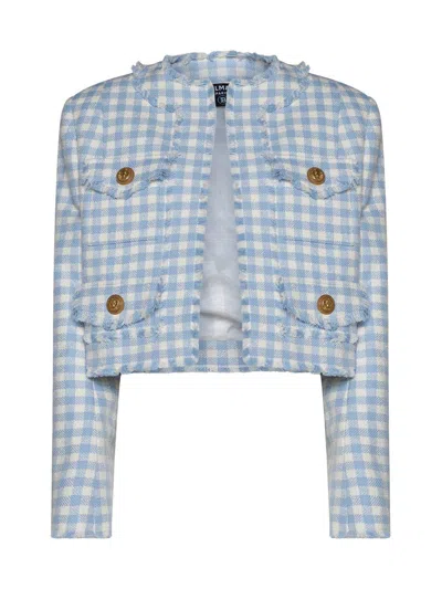 Balmain Plaid Tweed Fringe-trim Jacket In Blue