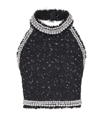 BALMAIN TWEED EMBROIDERED HALTERNECK TOP