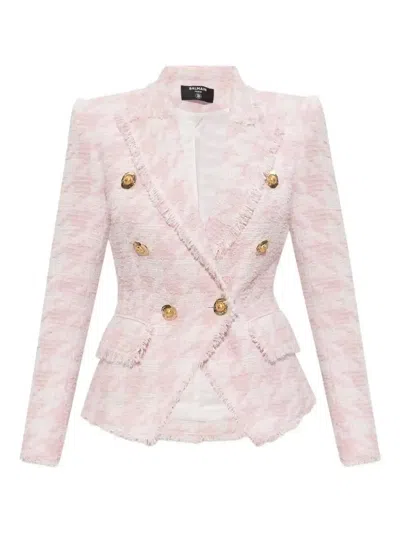Balmain 6-buttons Houndstooth Tweed Fitted Jacket In Pink