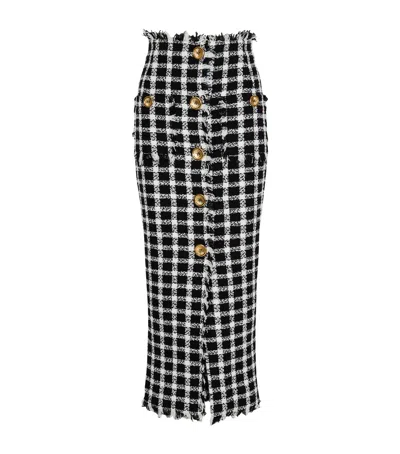 Balmain Tweed Gingham Maxi Skirt In Black