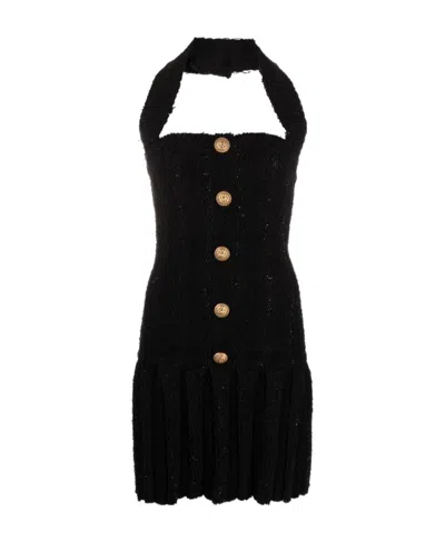 Balmain Embellished Pleated Tweed Halterneck Mini Dress In Pa Noir