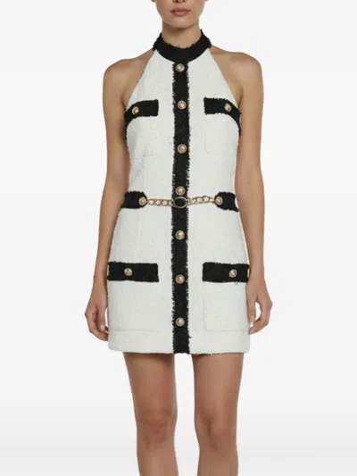 Pre-owned Balmain Tweed Halter-neck Mini Dress In White