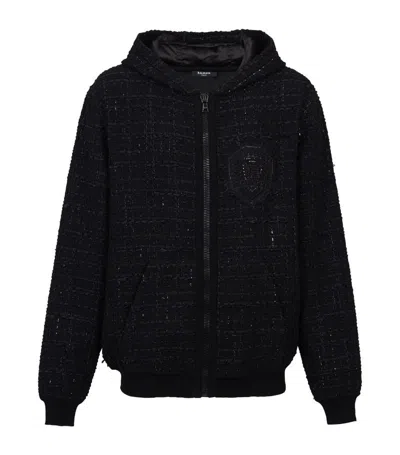Balmain Logo-patch Tweed Hooded Jacket In Black
