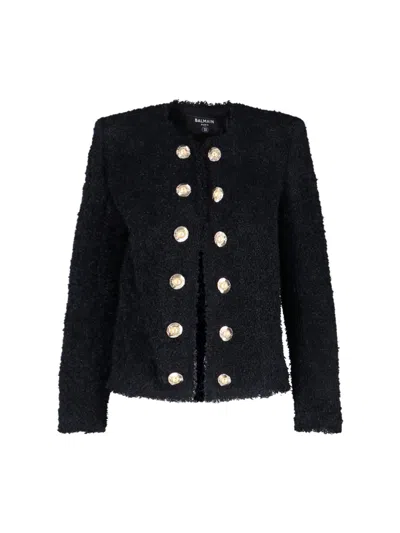 Balmain Edge-to-edge Silky Tweed Jacket In Black