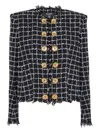 Balmain Black Checks Round Neck Blazer In Black