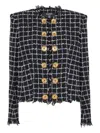 Balmain Black Checks Round Neck Blazer In Black