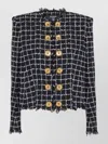 Balmain Black Checks Round Neck Blazer In Multi