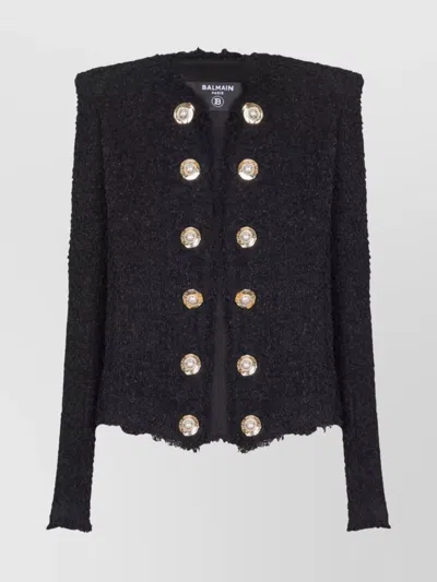 Balmain Tweed Jacket With Frayed Edges And Gold-tone Buttons In Black