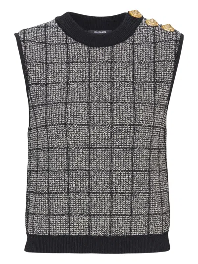 Balmain Tweed Knit Round-neck Pullover With Lion-head Button Placket In Multi