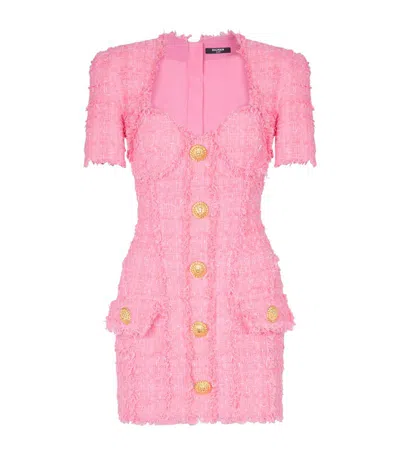 Balmain Button-embellished Tweed Minidress In Pink