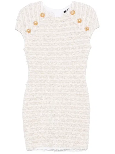 Balmain Mini Dress In Tweed Fabric In White
