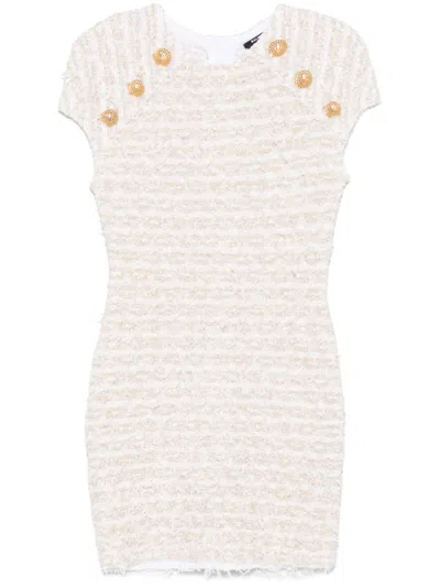 Balmain Mini Dress In Tweed Fabric In White