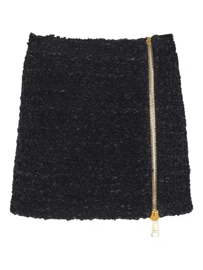 Balmain Short Zipped Tweed Skirt In Blue
