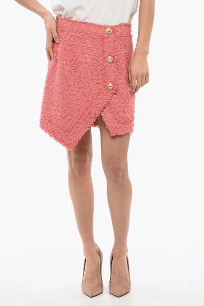 Balmain Tweed Miniskirt With Logoed Buttons In Rose Saumon