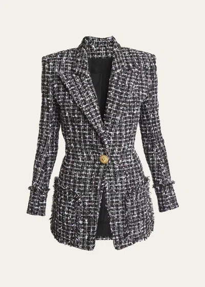 Balmain Tweed One-button Blazer In Black