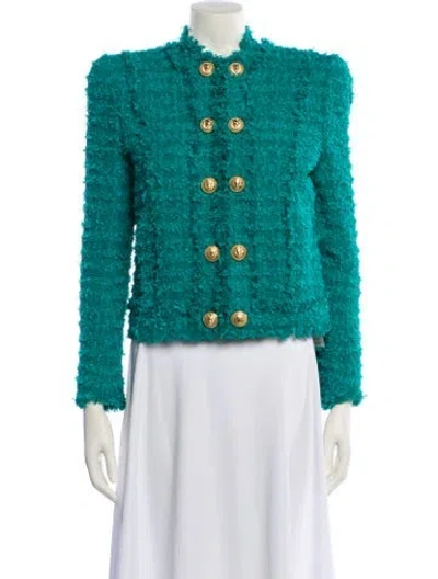 Pre-owned Balmain Tweed Pattern Evening Jacket In Green