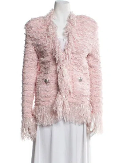 Pre-owned Balmain Tweed Pattern Faux Fur Jacket W/ Tags In Pink