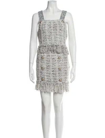 Pre-owned Balmain Tweed Pattern Fringe Trim Accent Skirt Suit W/ Tags In Blue