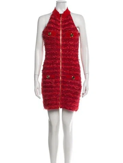 Pre-owned Balmain Tweed Pattern Mini Dress In Red