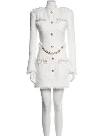 Pre-owned Balmain Tweed Pattern Mini Dress In White