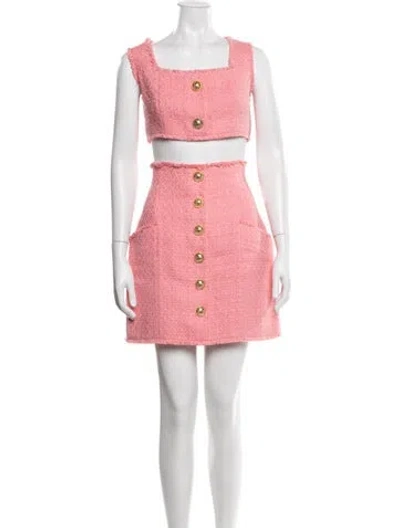 Pre-owned Balmain Tweed Pattern Raw-edge Trim Skirt Set In Pink