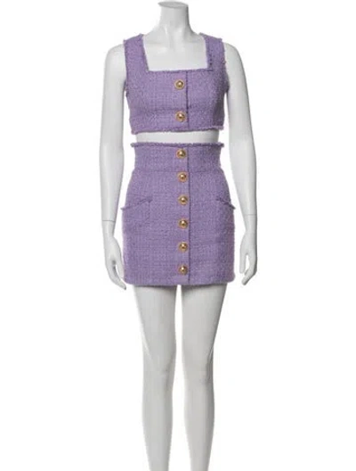 Pre-owned Balmain Tweed Pattern Raw-edge Trim Skirt Set In Purple