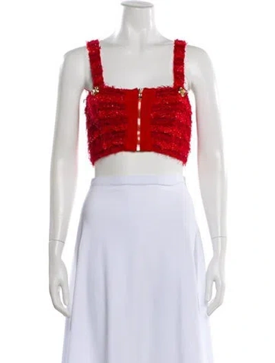 Pre-owned Balmain Tweed Pattern Square Neckline Crop Top In Red