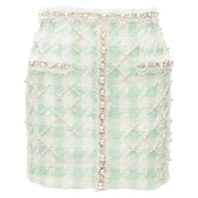 Balmain Tweed Pearl Embellished Preppy Mini Skirt In Green