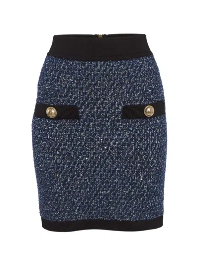 Pre-owned Balmain Tweed Pencil Mini Skirt In Blue