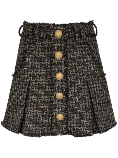 Balmain Button-embellished Pleated Metallic Tweed Mini Skirt In Black