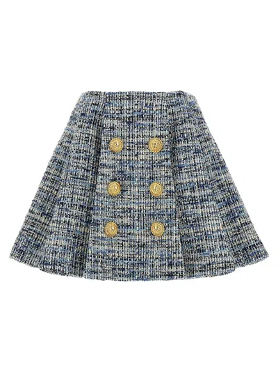 Balmain Tweed Pleated Skirt In Navy