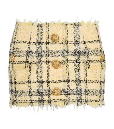Balmain Tweed Sequinned Check Mini Skirt In Yellow