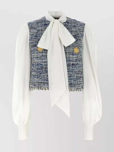 BALMAIN TWEED SHIRT WITH BOW DETAIL AND GOLD BUTTONS