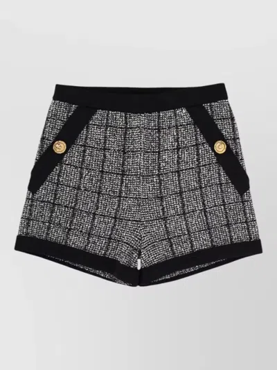 Balmain Tweed Shorts Checked Pattern Gold Buttons Trim In Gray