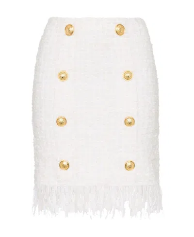 Balmain Tweed Shredded Hem Gold Tone Button Skirt In White