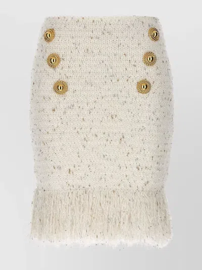 BALMAIN TWEED SKIRT WITH FRINGED HEM AND GOLD-TONE BUTTONS