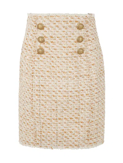 Balmain Tweed Skirt With Front Golden Buttons In Gcc Multi Beige