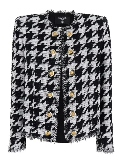 BALMAIN 'SPENCER' BLACK AND WHITE JACKET WITH ALL-OVER CHECK MOTIF AND FRINGED HEM IN COTTON BLEND WOMAN
