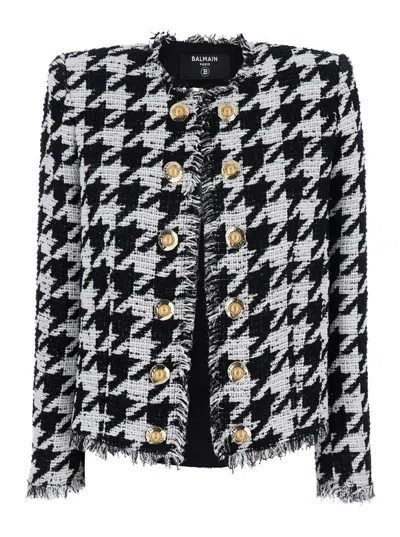 BALMAIN 'SPENCER' BLACK AND WHITE JACKET WITH ALL-OVER CHECK MOTIF AND FRINGED HEM IN COTTON BLEND WOMAN