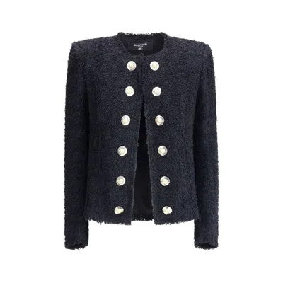 Balmain Edge-to-edge Silky Tweed Jacket In Black