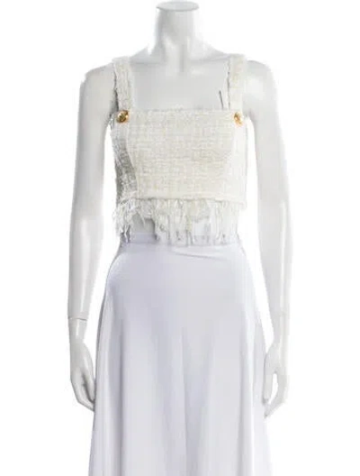 Pre-owned Balmain Tweed Square Neckline Crop Top In White
