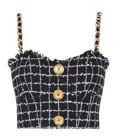 Balmain Tweed Top With Chain Straps And Buttons In Black