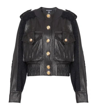 BALMAIN TWEED-TRIM LEATHER JACKET