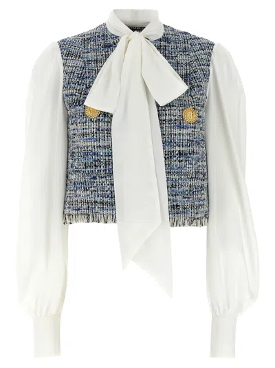 Balmain Tweed Vest With Tie Neck Blouse In Cream