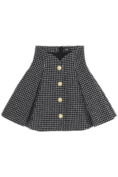 Balmain Tweed Tulip Mini Skirt In Black