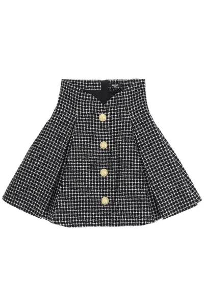 Balmain Tweed Tulip Mini Skirt In Black