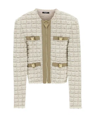 Balmain Tweed Zip-up Jacket In Nude