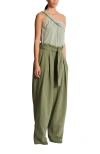 Balmain Belted Pleated Cotton And Linen-blend Twill Tapered Pants In Green